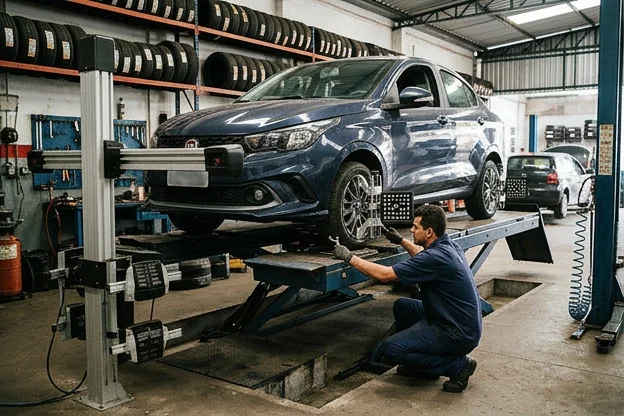 Carro em processo de alinhamento de rodas com equipamentos especializados.