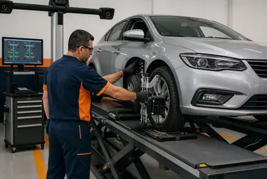 Equipamento de alinhamento de rodas em uso, com carro na borracharia.