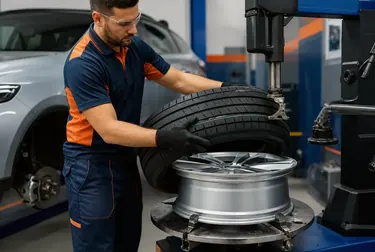 Especialista trocando pneus de um carro, com ferramentas específicas à vista.