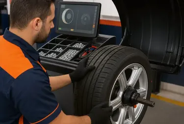 Máquina de balanceamento de rodas em funcionamento na borracharia.