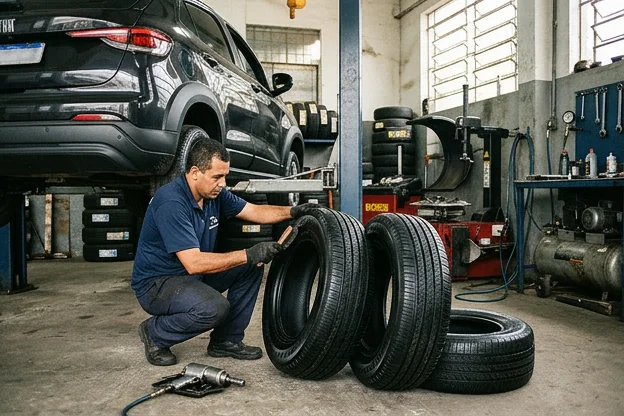 Pneus em boas condições, destacando a importância da manutenção.