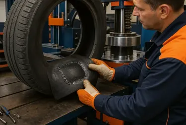 Processo de vulcanização de pneus sendo realizado por um profissional.