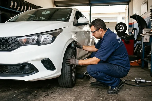 Profissional verificando a condição dos pneus de um carro, demonstrando cuidado.